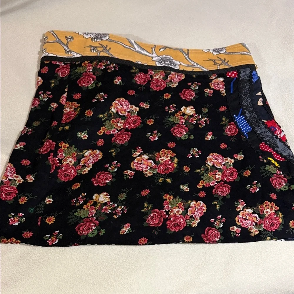 Zand Amsterdam Black Floral Mini Skirt with Yellow Contrast Waistband